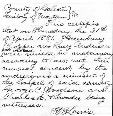 Marriage Certificate Lucy and Greenbury Chopper 1881 cropped